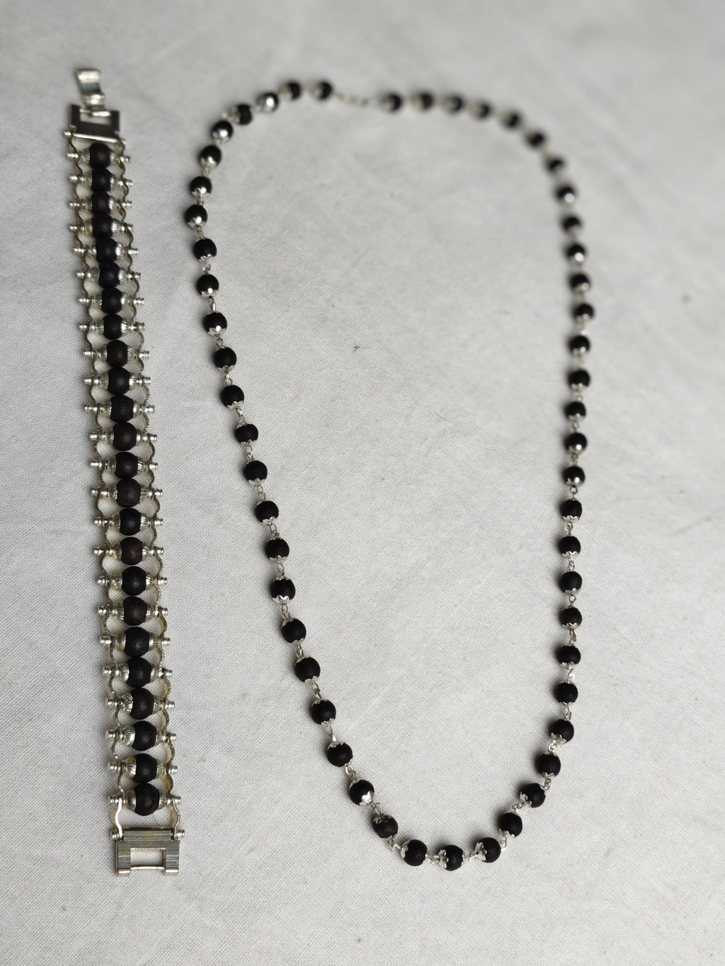 Karungali Shield Set – Mala & Bracelet Combo (Ebony Wood with Silver Finish)