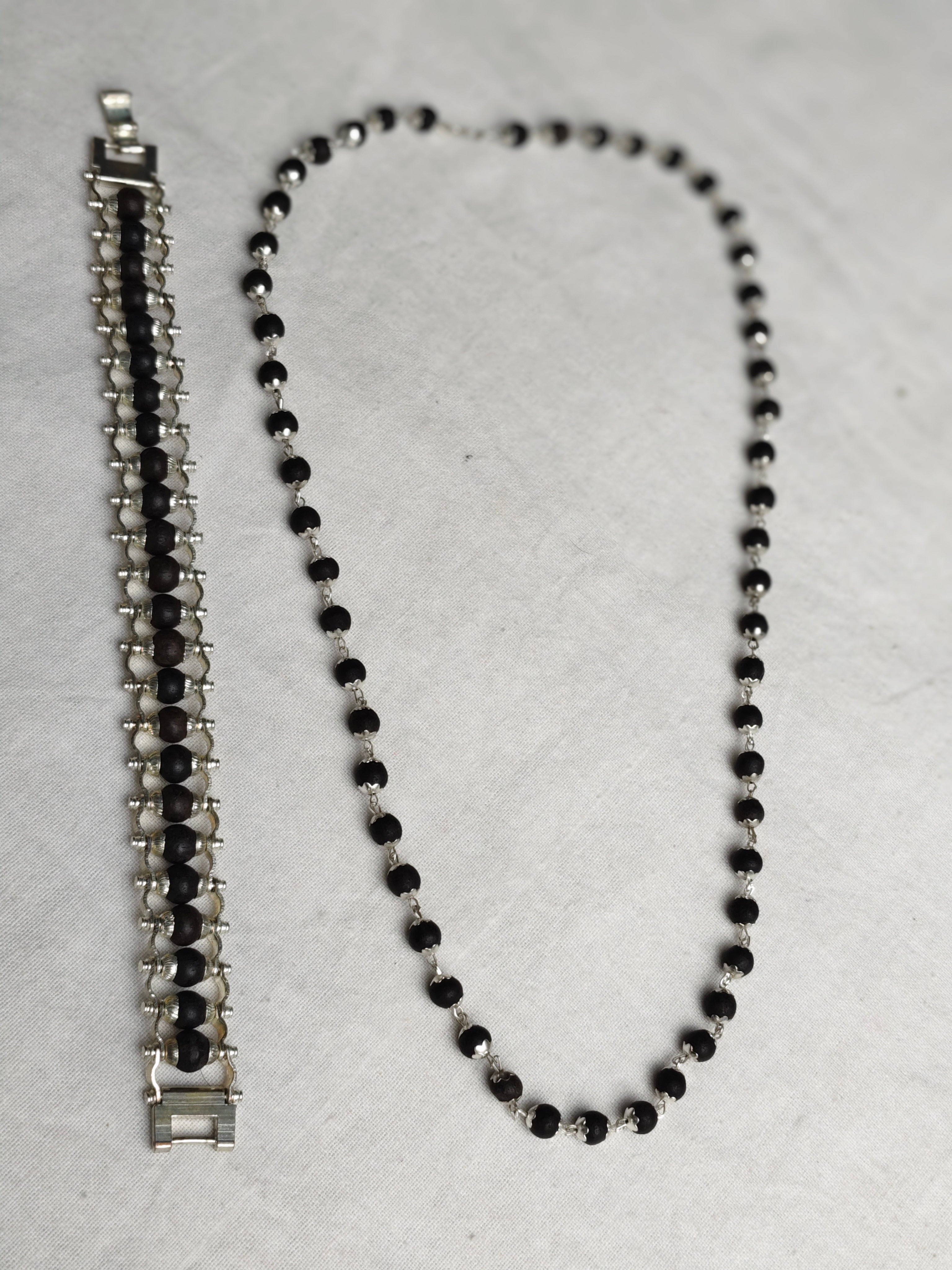 Karungali Shield Set – Mala & Bracelet Combo (Ebony Wood with Silver Finish)