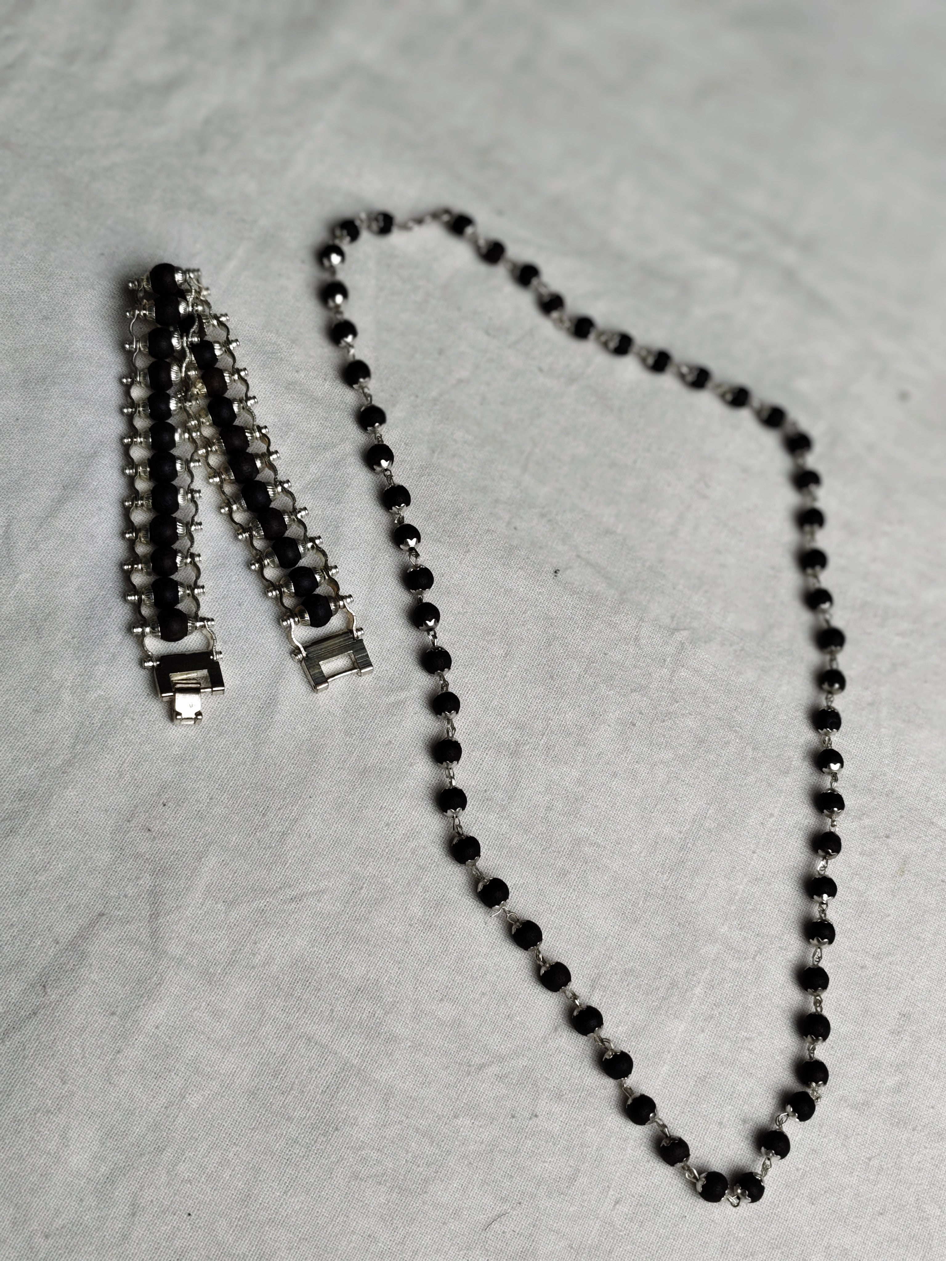 Karungali Shield Set – Mala & Bracelet Combo (Ebony Wood with Silver Finish)